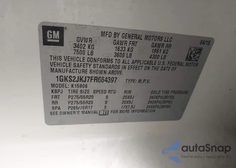 2015 GMC Yukon Xl 1500 Denali from USA, damaged, VIN 1GKS2JKJ7FR664397